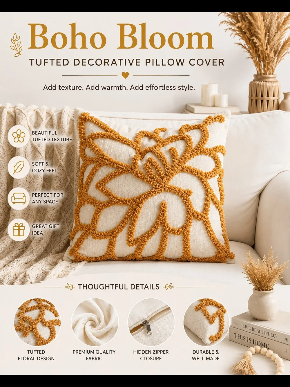 Tufted Decorative Pillow Cover - Cream with Mustard Tufting With Insert